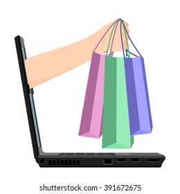 Internet shopping vector illustration. Laptop and hand with shopping bags. Online shopping, E-commerce concept.