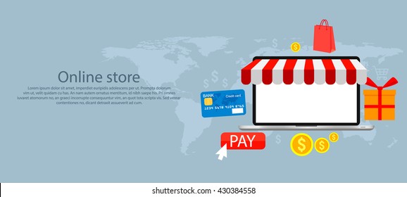 Internet shopping web market and flat horizontal banner, vector illustration.