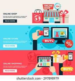 Internet shopping web market and online store flat color horizontal banner set isolated vector illustration