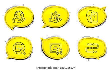 Internet sign. Diploma certificate, save planet chat bubbles. Organic product, Face biometrics and Methodology line icons set. Leaf, Facial recognition, Development process. World web. Vector