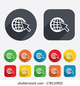 Internet sign icon. World wide web symbol. Cursor pointer. Circles and rounded squares 12 buttons. Vector