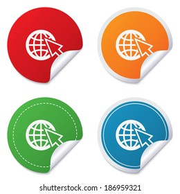 Internet sign icon. World wide web symbol. Cursor pointer. Round stickers. Circle labels with shadows. Curved corner. Vector