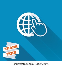 Internet sign icon. World wide web symbol. Cursor pointer. White flat icon with long shadow. Paper ribbon label with Thank you text. Vector