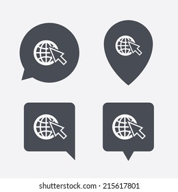 Internet sign icon. World wide web symbol. Cursor pointer. Map pointers information buttons. Speech bubbles with icons. Vector