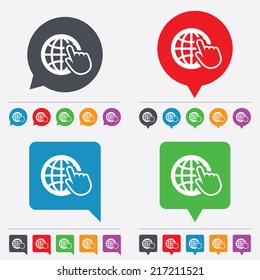 Internet sign icon. World wide web symbol. Cursor pointer. Speech bubbles information icons. 24 colored buttons. Vector