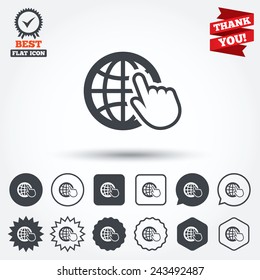 Internet sign icon. World wide web symbol. Cursor pointer. Circle, star, speech bubble and square buttons. Award medal with check mark. Thank you ribbon. Vector