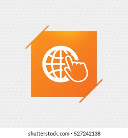 Internet sign icon. World wide web symbol. Cursor pointer. Orange square label on pattern. Vector