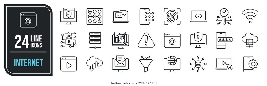 Internet simple minimal thin line icons. Related information technology, mobile, social media. Vector illustration.