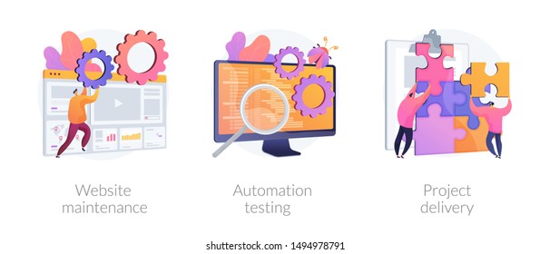 Internet site administration, support service. Bug fixing, teamwork management. Website maintenance, automation testing, project delivery metaphors. Vector isolated concept metaphor illustrations