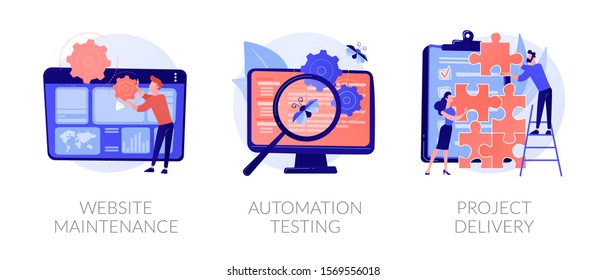 Internet site administration, support service. Bug fixing, teamwork management. Website maintenance, automation testing, project delivery metaphors. Vector isolated concept metaphor illustrations