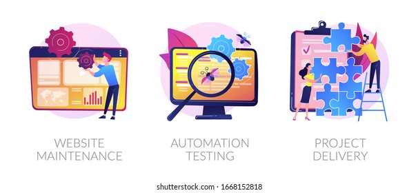 Internet site administration, support service. Bug fixing, teamwork management. Website maintenance, automation testing, project delivery metaphors. Vector isolated concept metaphor illustrations