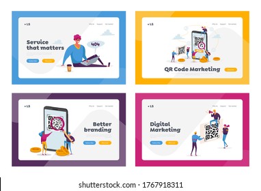 Internet Smart Technologies, Purchase Quality Control, Error 404 Landing Page Template Set. Tiny Characters at Huge Smartphone with Qr Code on Screen, Technical Support. Cartoon Vector Illustration