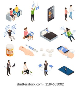 Internet smartphone gadget addiction isometric icons set with human characters electronic devices and addiction figurative pictograms vector illustration