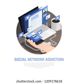 Internet smartphone gadget addiction isometric composition with images of electronic gadgets like pictograms and editable text vector illustration
