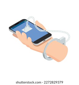 Internet smartphone gadget addiction isometric concept with human hand chained to mobile phone 3d vector illustration