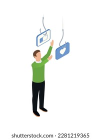 Internet smartphone gadget addiction isometric concept with person trying to catch social media symbols hanging on hooks vector illustration