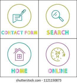 Internet and smartphone round linear icons set. Contact form, search symbol, home page, online services outline emblems isolated vector illustrations.