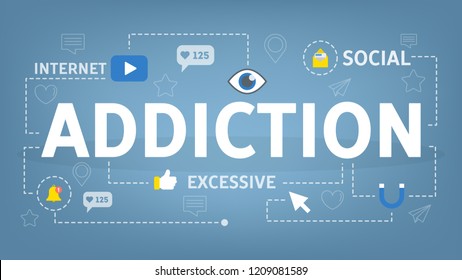 Internet social addiction concept. Sitting and reading news in device all day. Modern technology social millennial problem. Vector flat illustration