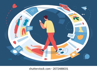 Internet Or Social Media Addiction, Character Scrolling Through App. Person Using Smartphone, Endless Scroll Addict Vector Illustration. Man User Surfing Networks With Photos And Posts