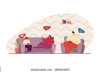 Internet and social media addiction problem. Family gathering in living room home, using digital devices, cellphone, laptop, chatting online. For gadget dependence, communication concept