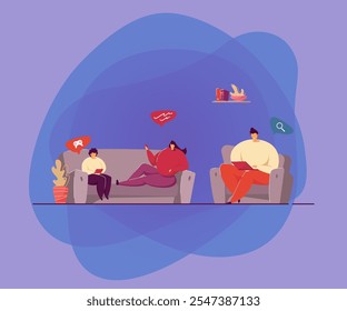 Internet and social media addiction problem. Family gathering in living room home, using digital devices, cellphone, laptop, chatting online. For gadget dependence, communication concept