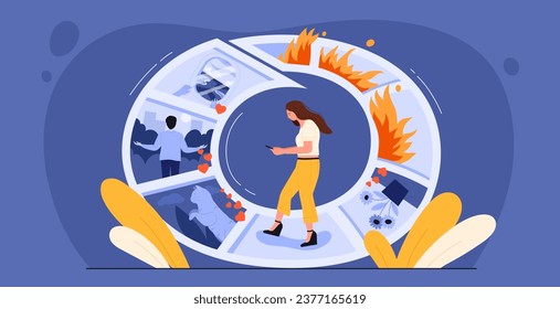 Internet or social media addiction vector illustration. Cartoon woman using mobile phone to scroll through endless feed of hot news, digital pictures and photos, person surfing online content