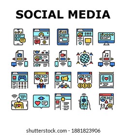 Internet Social Media Collection Icons Set Vector. Social Media Page Registration And Internal Communication, User Profile And Purchases Concept Linear Pictograms. Contour Color Illustrations