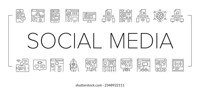 Internet Social Media Collection Icons Set Vector. Social Media Page Registration And Internal Communication, User Profile And Purchases Black Contour Illustrations