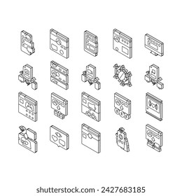 Internet Social Media Collection isometric icons set. Social Media Page Registration And Internal Communication, User Profile And Purchases Concept Linear Pictograms. Contour Color .