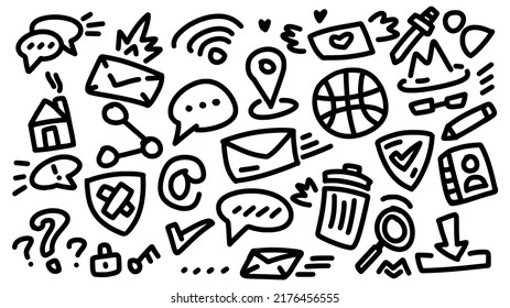 internet and social media icon set hand drawn doodle outline vector template illustration collection for user interface and coloring book