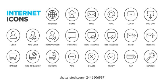 Internet und Social Media Symbolsatz. Online-Community, Mail, senden, Warenkorb, Anmelden, Startseite, Website, Blog, Inhalt, Business-Marketing und UI-Symbole. In: Line Art Design.