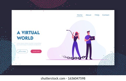 Internet and Social Network Addiction Website Landing Page. Woman with Smartphone on Face, Man with Tablet Tied with Metal Chain. Gadget Dependency Web Page Banner. Cartoon Flat Vector Illustration