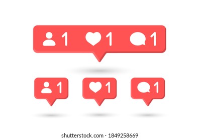 Internet social networking icons set. Like 1 follower 1 comment 1 red. Comment button, icon, symbol, ui, app, web