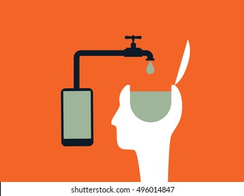 Internet or social networks brainwashing vector concept with smartphone and person head. Eps10 vector illustration.