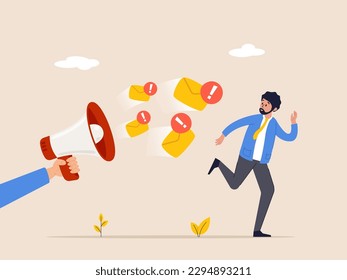 Internet spam concept. Scared man character run from huge loudspeaker with email message. Eenvelope letter icon. Flat vector illustration.