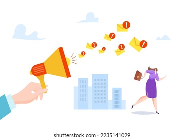 Internet spam concept, vector illustration, flat tiny woman character run from huge loudspeaker with email message, envelope letter icon.