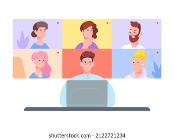 Internet speaking webinar. Elearning video web communication work people, business help on zoom computer or laptop, vector illustration. Elearning online course