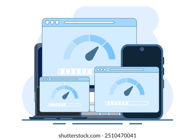 Internet-Geschwindigkeitskonzept. Smartphone, Laptop und Computer mit Internet-Verbindung Geschwindigkeitstest auf dem Bildschirm, Internet-Download-Geschwindigkeit und Netzwerk-Leistung auf flachen Web-Seite Illustration.