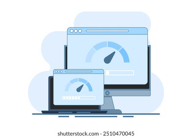 Internet speed concept. Smartphone, laptop and computer with internet connection speed test on screen, internet download speed and network performance on flat web page illustration.