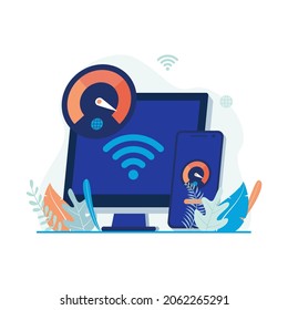 Internet speed connection, computer and smartphone with internet speed indicator vector illustration. Flat design suitable for many purposes.