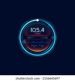 Internet speed futuristic meter. Network bandwidth indicator, Wi-Fi signal strength dial display or web connection, data download and upload Mbps speed test digital circle interface with speed graph svg