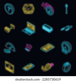 Internet speed icons set. Isometric set of internet speed vector icons neon color on black