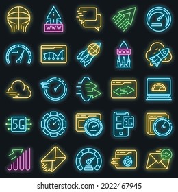 Iconos de velocidad de Internet. Conjunto de esquemas de iconos vectoriales de velocidad de internet color de neón en negro