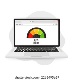 Internet speed on the web page of the laptop. Internet download speed test on web page. Speed test and network performance information. Signal quality. Vector illustration