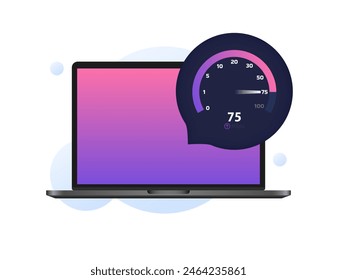 Internet speed speedometer. Laptop screen mockup. 75 Mbps. Flat style. Vector icon