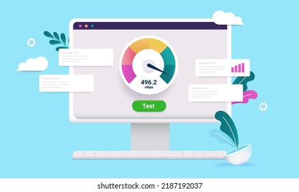 Prueba de velocidad de Internet - Pantalla de ordenador con prueba de servicio web velocidad de carga y descarga, ilustración vectorial