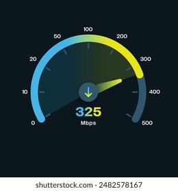Prueba de velocidad de Internet, prueba de velocidad de la Descarga con el indicador de neón de diseño moderno, software de prueba de velocidad de Internet e información de rendimiento de la red, recuento de ancho de banda de la flecha, interfaz de usuario de Internet App Vector de visualización EPS10