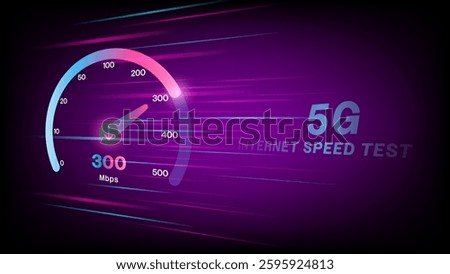 Internet Speed Test ,Download speed test with modern design neon gauge, with glow high speed lines ,software and network performance information arrow bandwidth display interface app internet UI UX