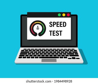 Prueba de velocidad de Internet en la pantalla del portátil. Icono del velocímetro en el monitor de ordenador. Ilustración del vector