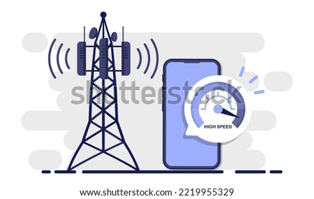 Internet speed test in smartphone. Hand keeps the phone near communication tower. 5G wireless network technology. Concept of wireless high speed of new generation. Phone display with speed test